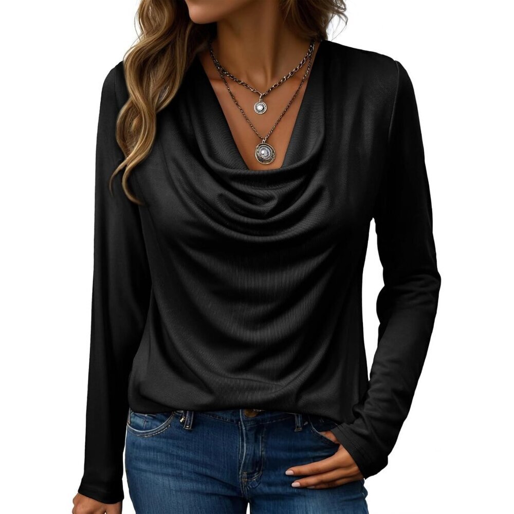 Women’s Long Sleeve Cowl Neck Shirt Fall Casual Office Dressy Top